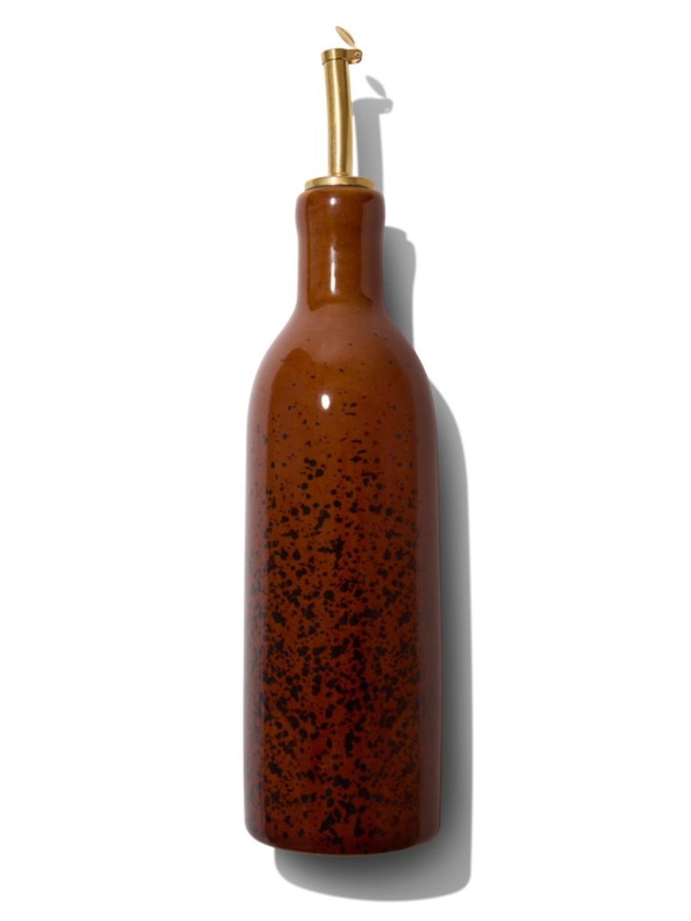 Pretti Cool Brown Speckled Ceramic Oil Pourer with Gold Spout $40